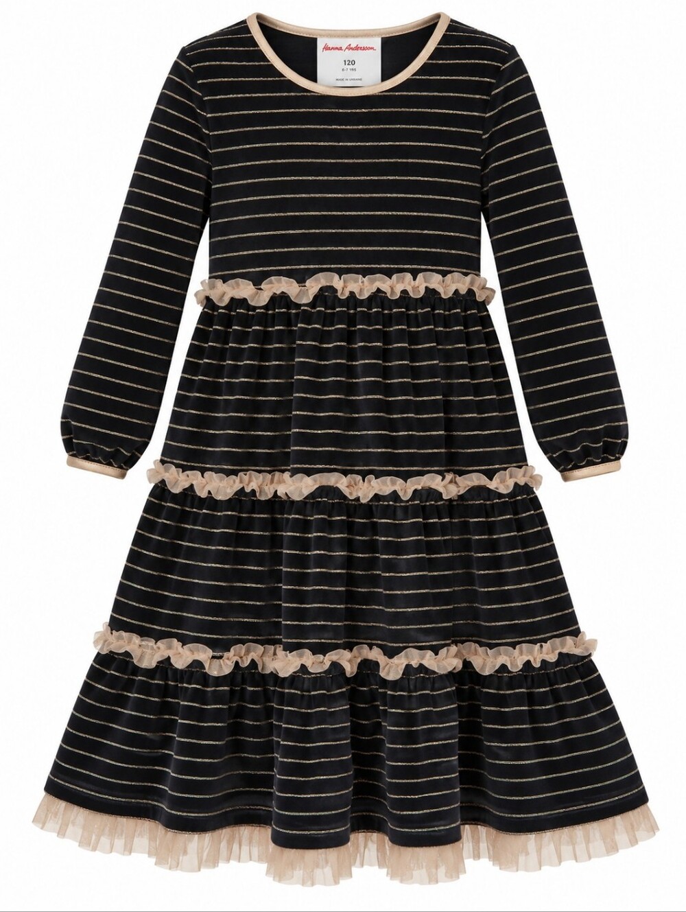 HANNA ANDERSSON | Black Gold Lurex Velvet Tiered Twirl‎ Holiday Dress | 120 6-7